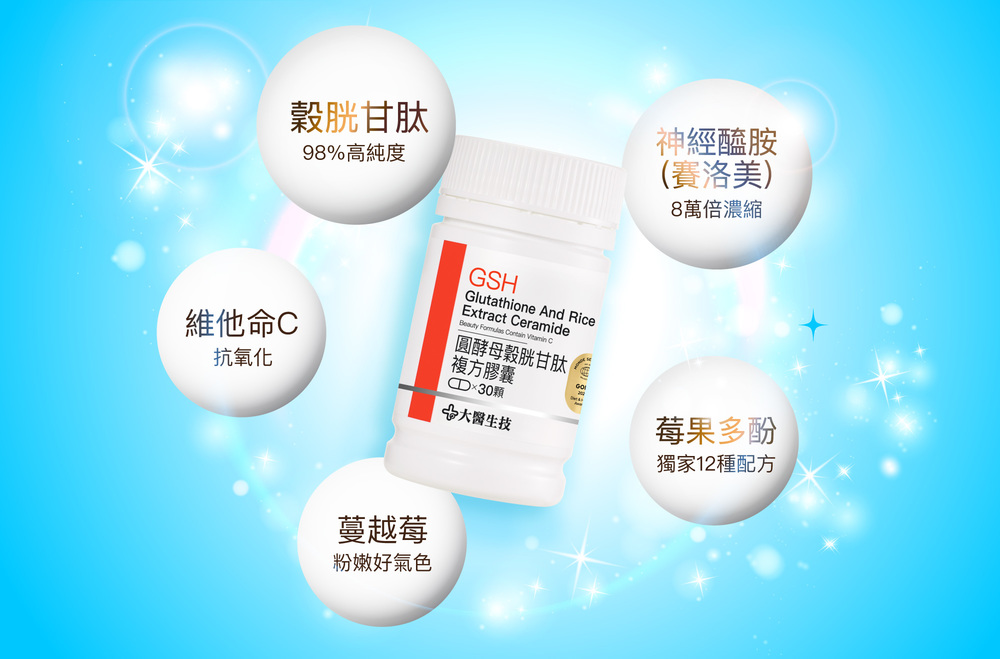 穀胱甘肽98%高純度、神經醯胺(賽洛美)8萬倍濃縮、維他命C抗氧化、莓果多酚獨家12種配方、蔓越莓粉嫩好氣色