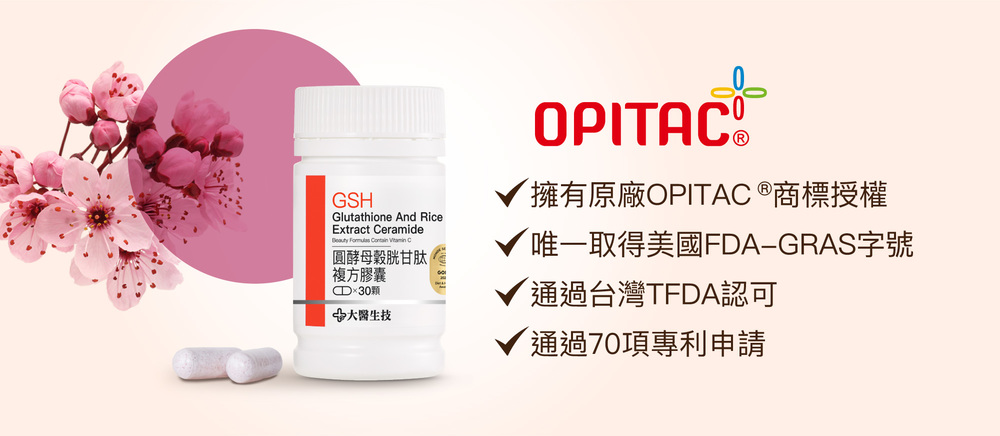 大醫生技圓酵母穀胱甘肽複方膠囊擁有原廠OPITAC®商標授權、唯一取得美國FDA-GRAS字號、通過台灣TFDA認可、通過70項專利申請