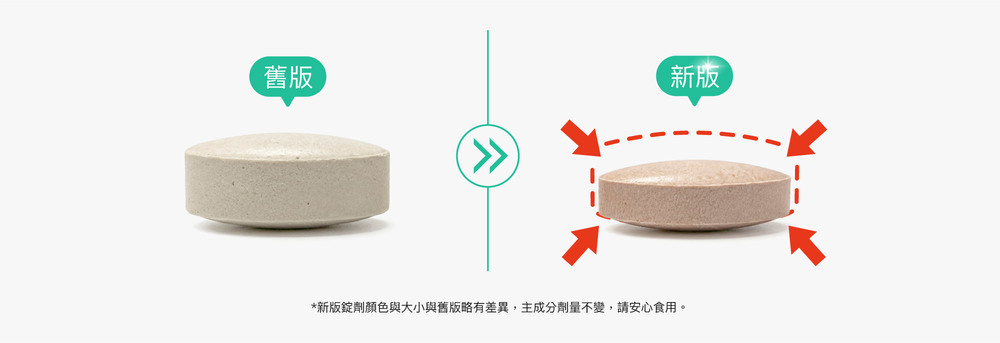 新版錠劑顏色與大小與舊版略有差異,主成分劑量不變,請安心食用。 新版錠劑顏色與大小與舊版略有差異,主成分劑量不變,請安心食用。